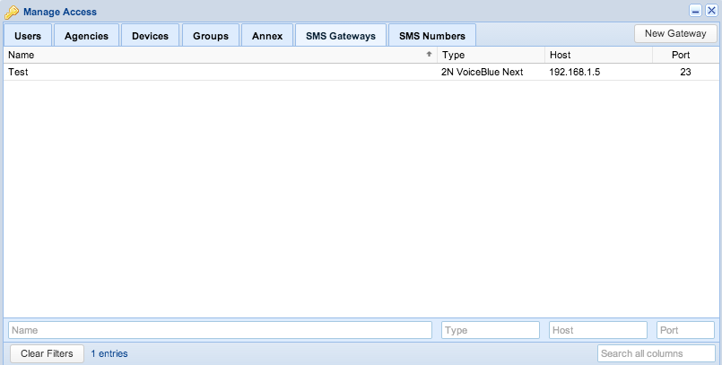 Screenshot: Manage Access - SMS Gateways