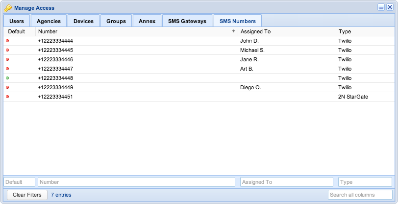Screenshot: Manage Access - SMS Numbers